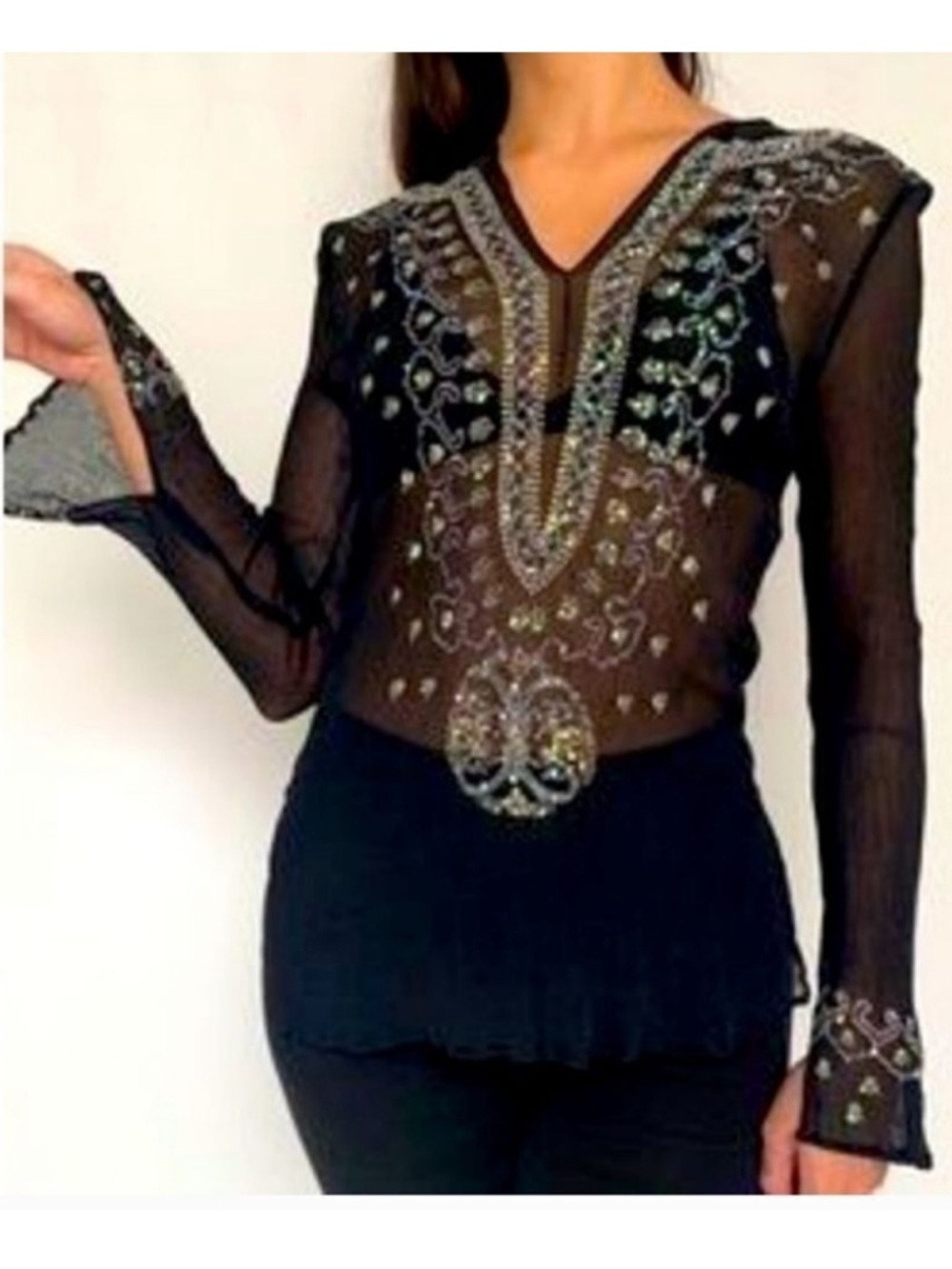 VENUS Black LongSleeve Embellished 100% Silk Y2K Top Tunic Beach Summer Cover - Picture 9 of 16